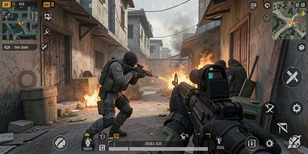 Tangkapan layar 8QR menampilkan pertempuran FPS yang menegangkan dengan grafis tinggi.