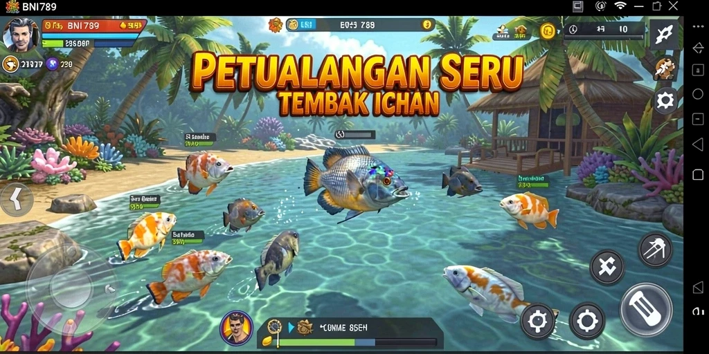Screenshot permainan BNI789 menampilkan aksi menembak ikan yang seru.