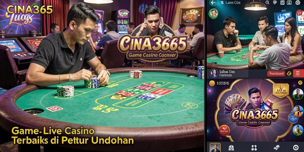 Screenshot utama CINA365 menampilkan dealer langsung dalam permainan Live Casino.