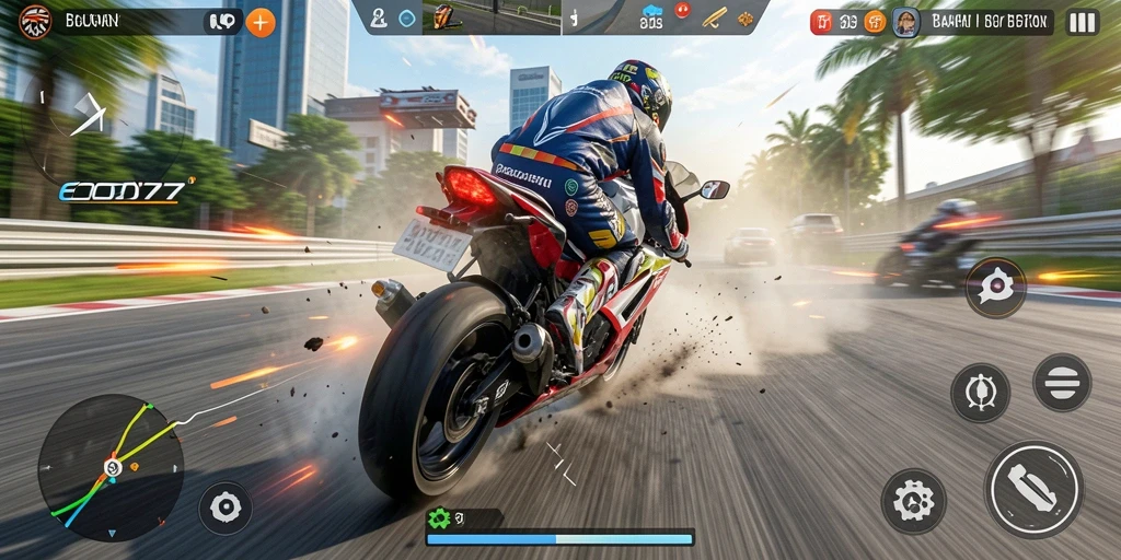 Tampilan futuristik gameplay balapan motor yang mendebarkan.