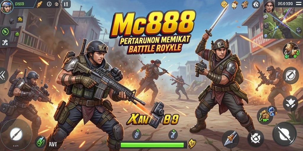 Screenshot gameplay MC888 yang menunjukkan aksi pertarungan Battle Royale yang mendebarkan.