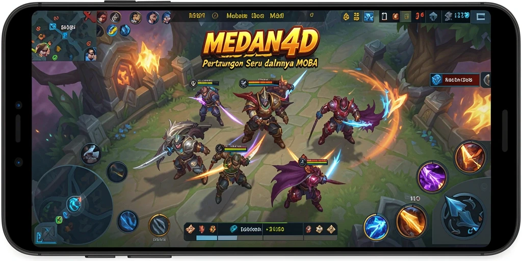 Screenshot gameplay MEDAN4D menampilkan aksi pertarungan tim MOBA yang mendebarkan.
