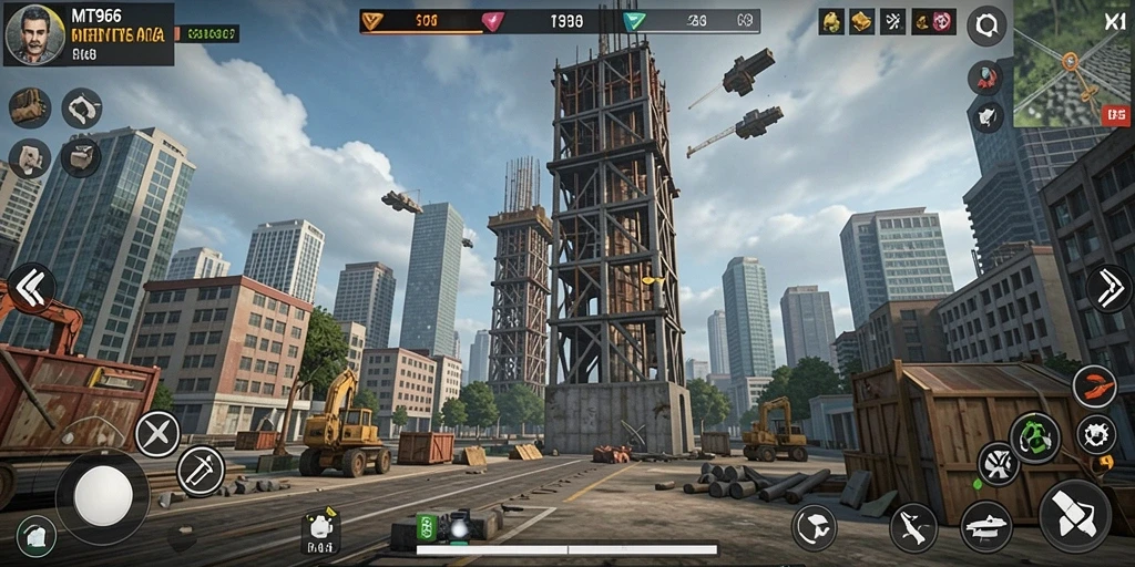 Screenshot gameplay MT966 menunjukkan pertarungan menara yang intens.